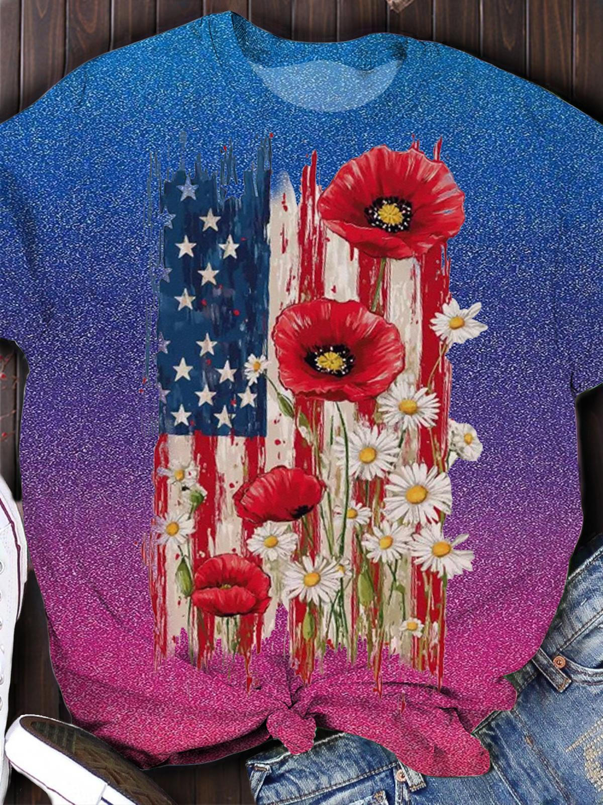 American Flag Floral Crew Neck T-shirt