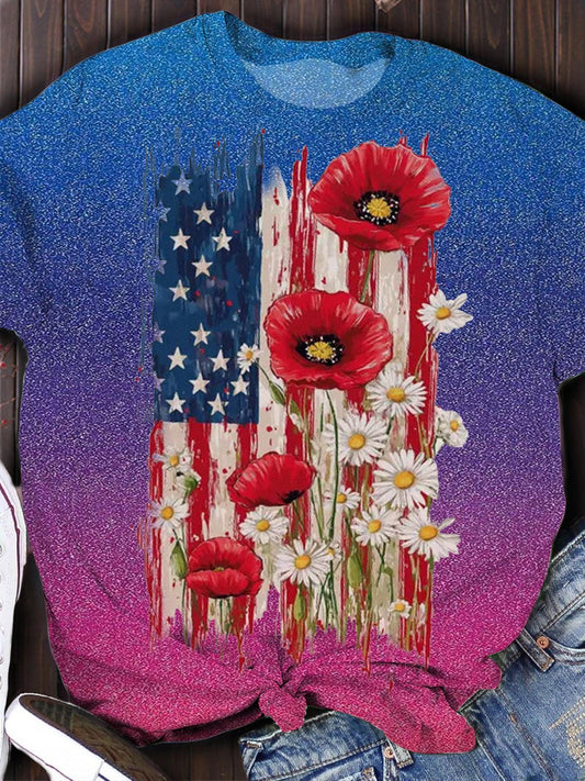American Flag Floral Crew Neck T-shirt