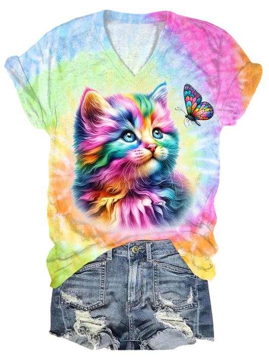 Watercolor Rainbow Butterfly Kitten Art V-neck T-Shirt