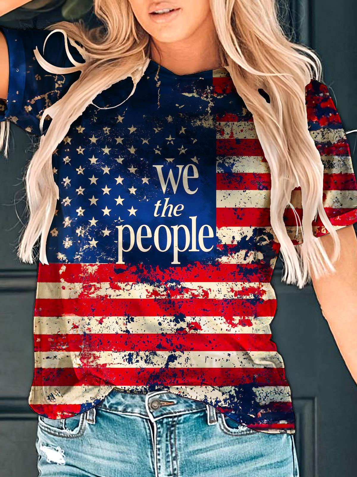 Vintage Flag Independence Day Printed Crew Neck T-shirt