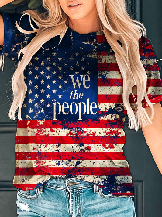 Vintage Flag Independence Day Printed Crew Neck T-shirt