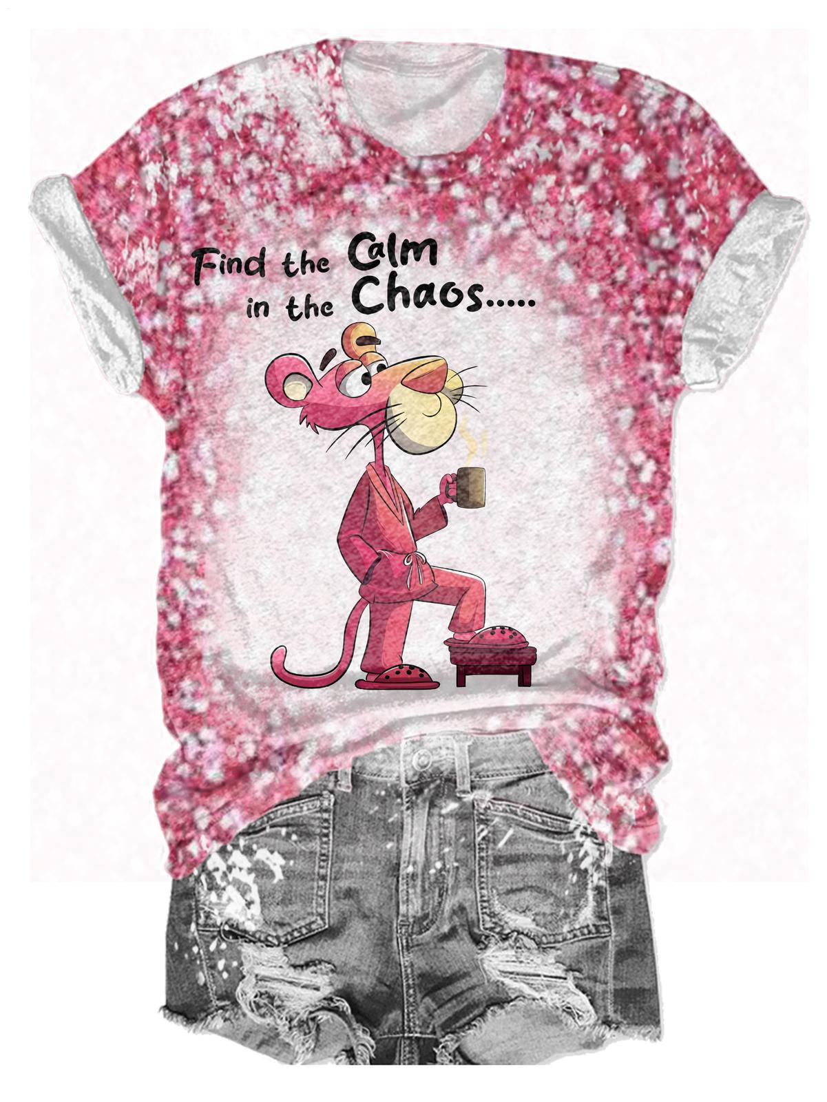 Fun Pink Panther Print Crew Neck T-shirt