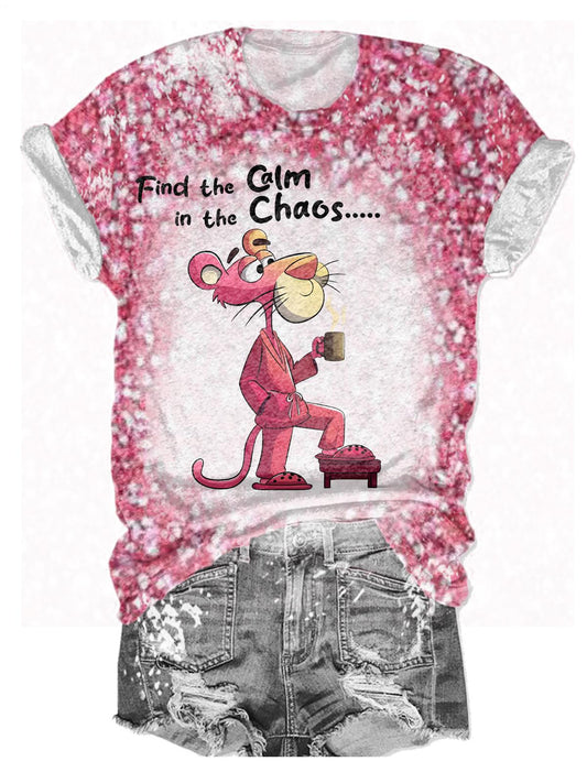Fun Pink Panther Print Crew Neck T-shirt