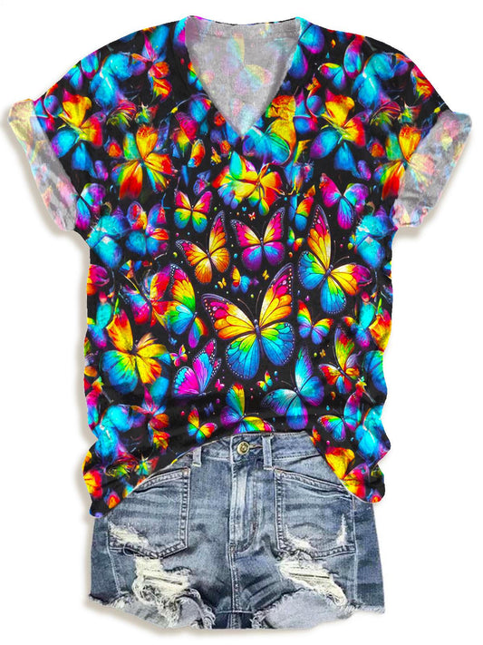 Colorful Butterfly Print V-neck T-Shirt