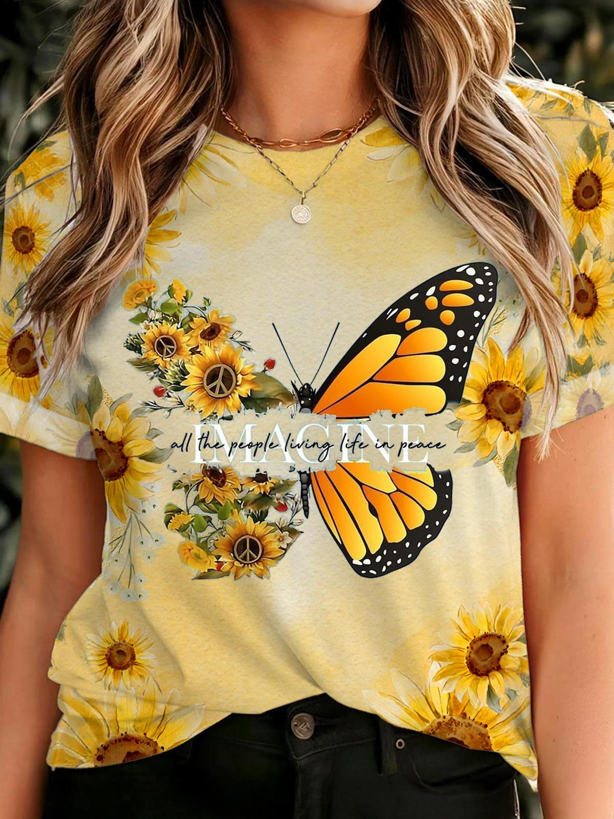 Peace And Love Sunflower Butterfly Crew Neck T-shirt