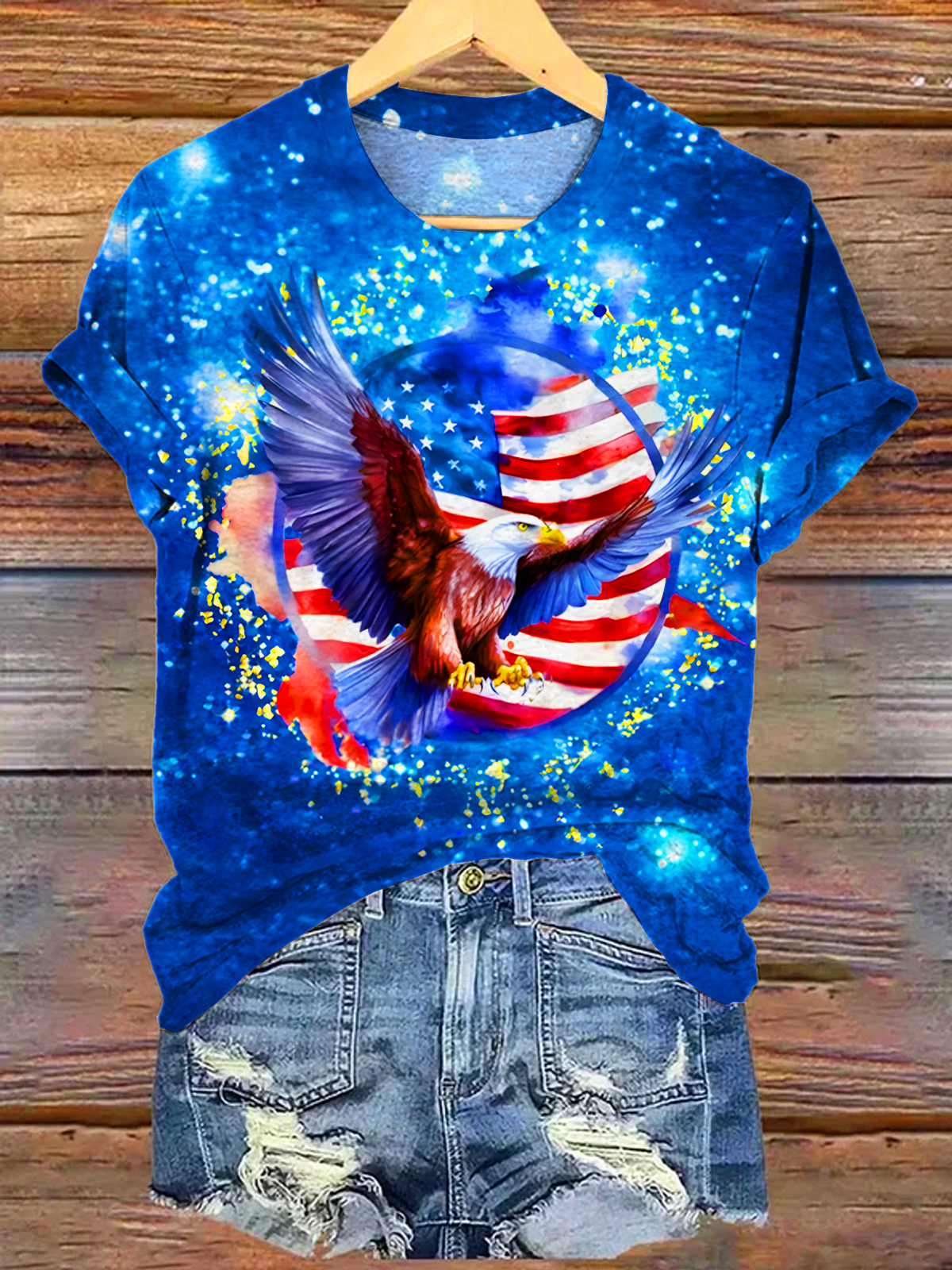 Independence Day Sparkle USA Eagle Flag Crew Neck T-shirt