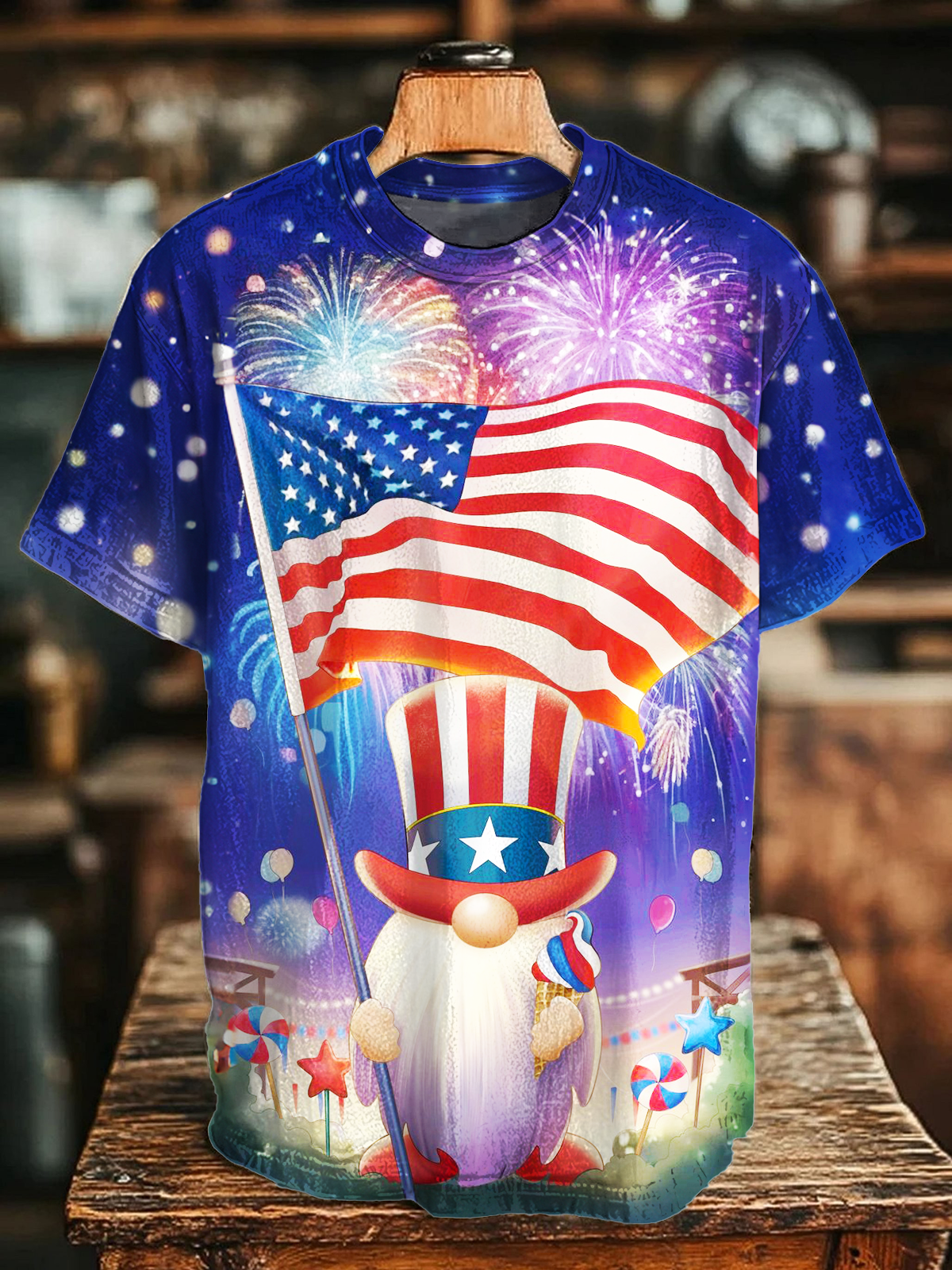 Independence Day Fireworks American Flag Gnome Crew Neck T-shirt
