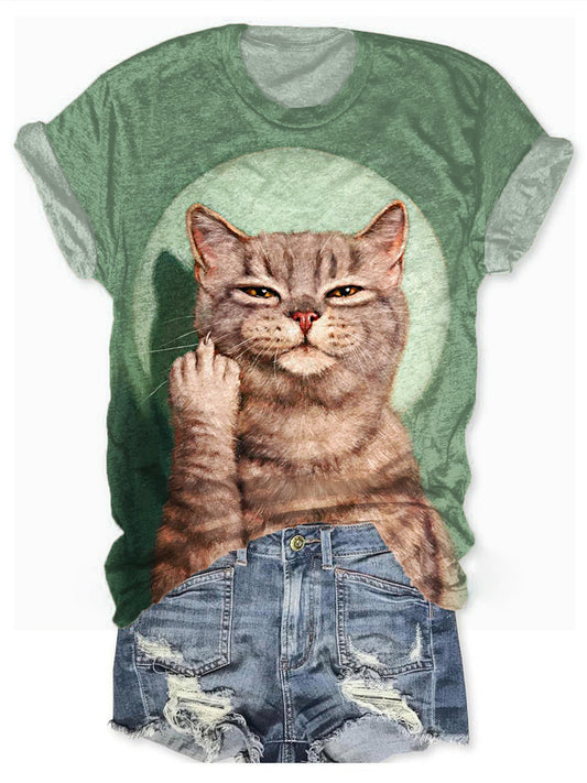 Funny Cat Printed Crew Neck T-shirt