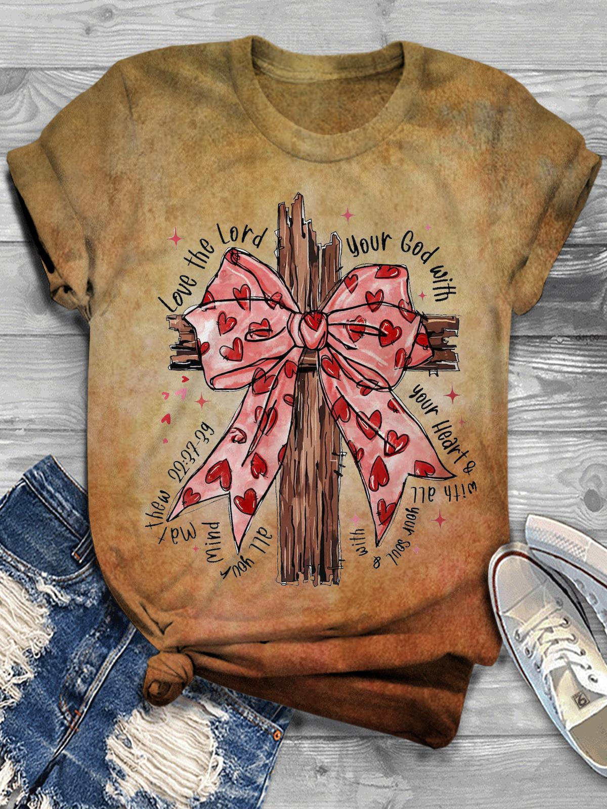 Women's Happy Valentine's Day Bow Faith Vintage Print T-Shirt