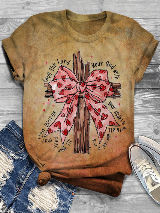 Women's Happy Valentine's Day Bow Faith Vintage Print T-Shirt