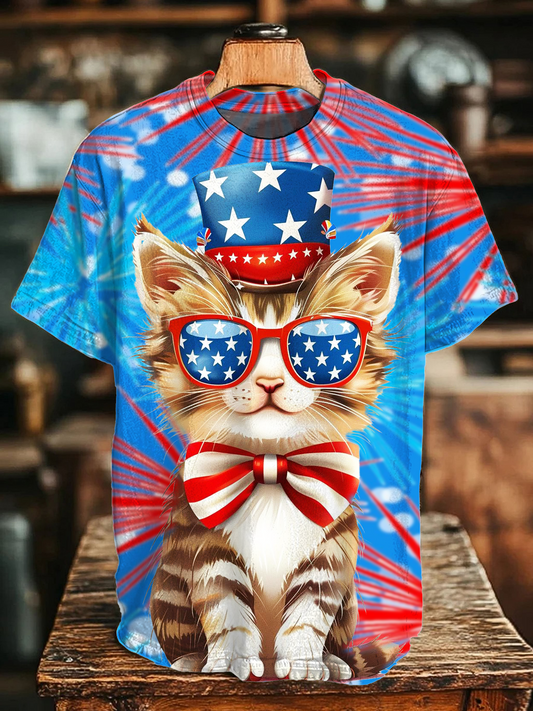 Independence Day Patriotic Cat Art Crew Neck T-shirt