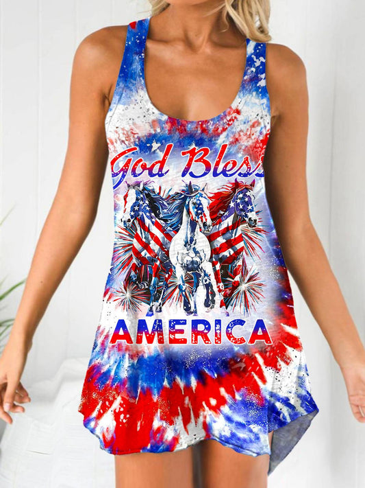 Women's Vintage Independence Day Flag Print Long Vest Dress
