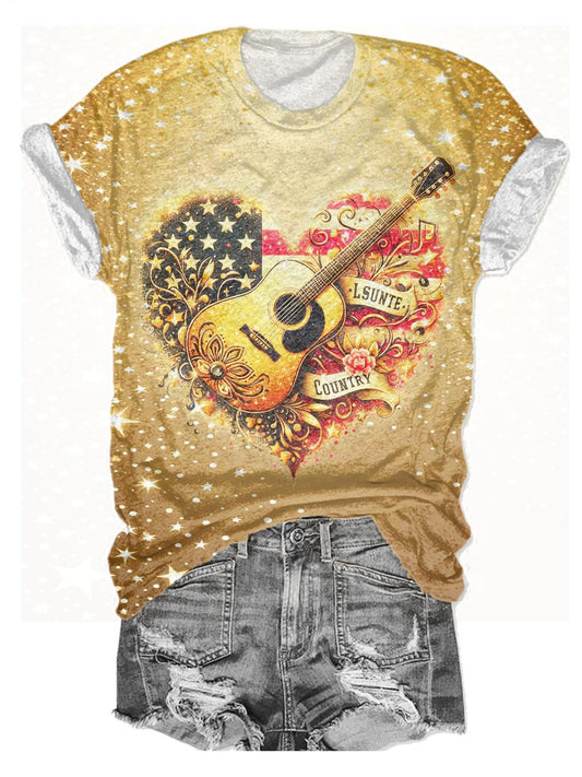 Creative Guitar Print Crew Neck T-shirt
