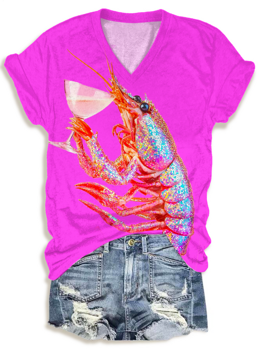 Disco Glitter Shrimp Holding Glass Art V-neck T-Shirt