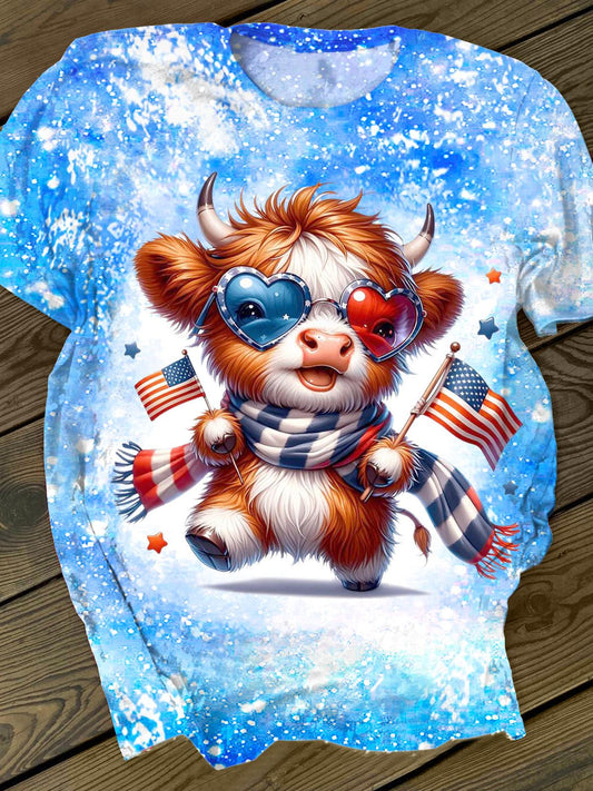 Independence Day Highland Cow Crew Neck T-shirt