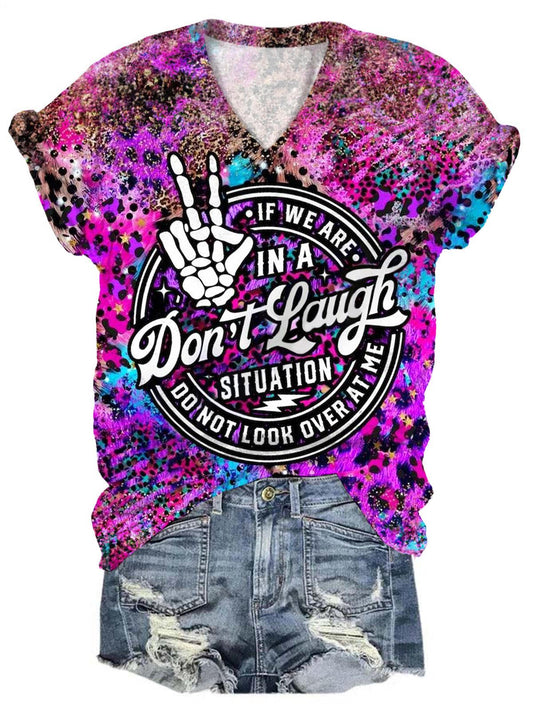 Don't Laught Situation Leopard V-Neck T-Shirt