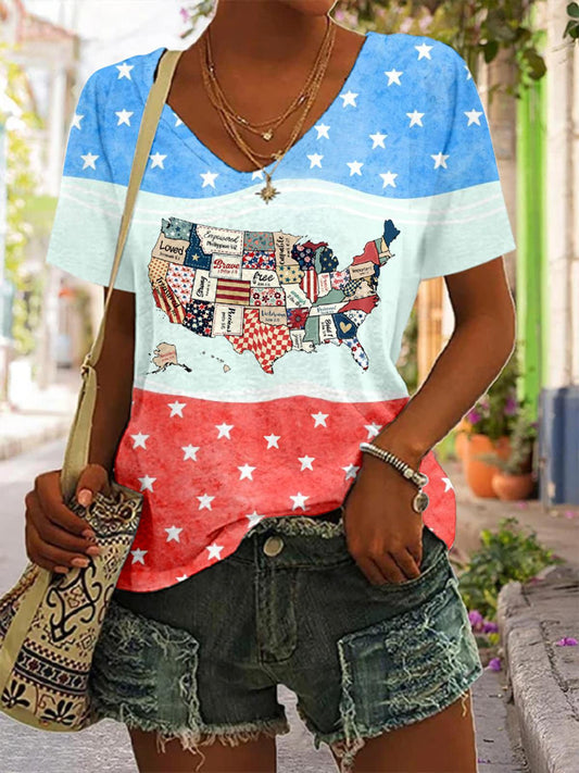 USA Map Patchwork Independence V-neck T-Shirt