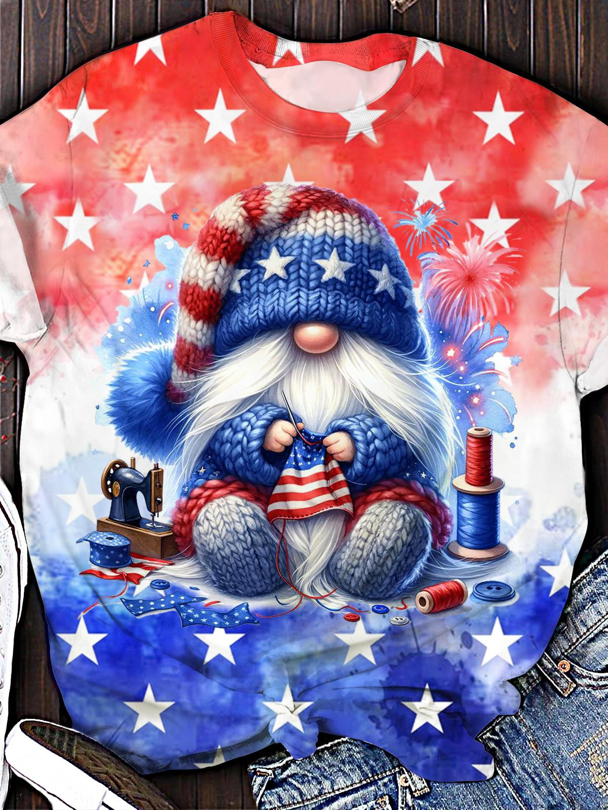 Independence Day Flag Gnome Crew Neck T-shirt
