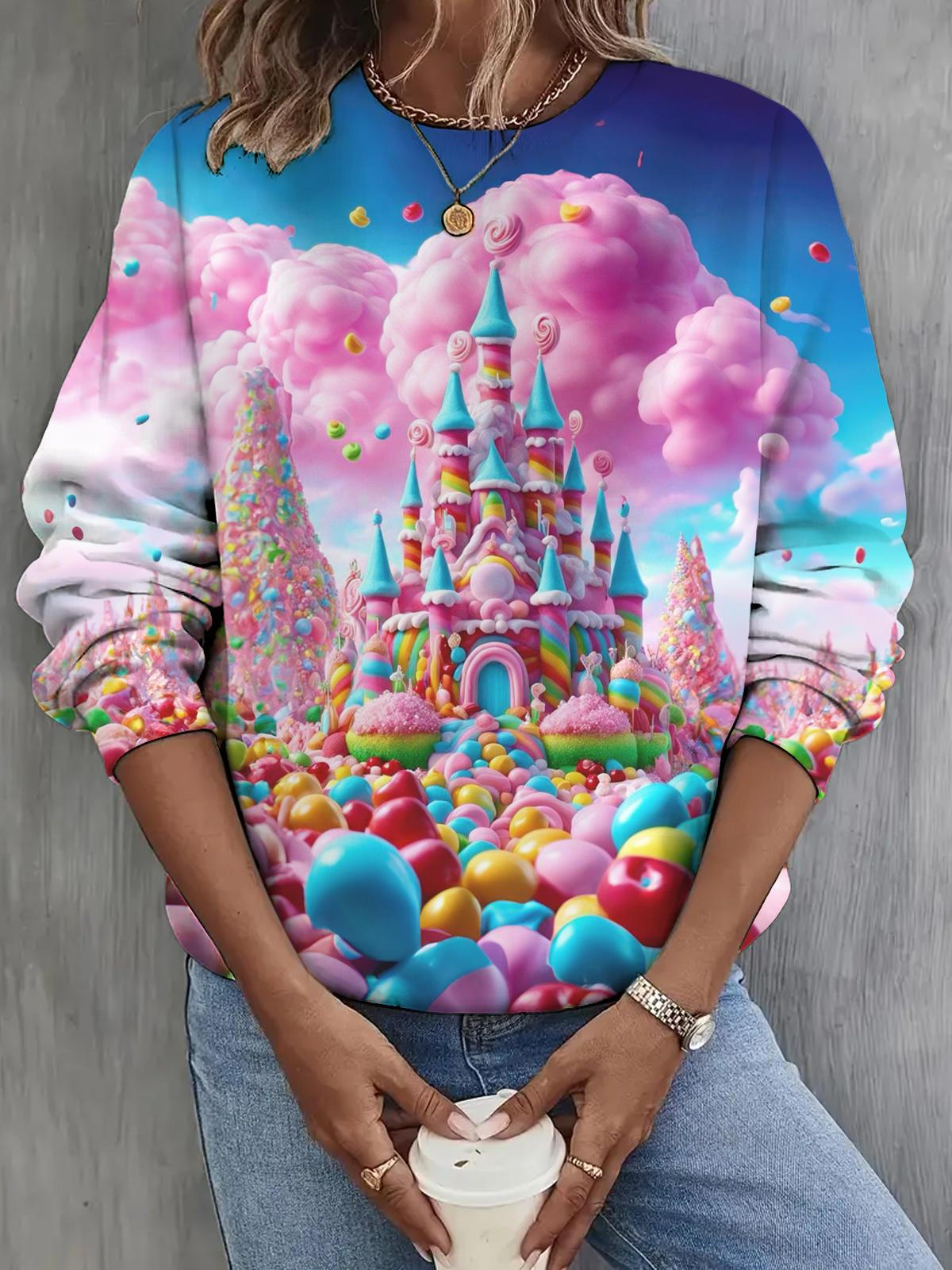 Women's Candy Castle Rainbow Cloud Print Casual Long Sleeve Top