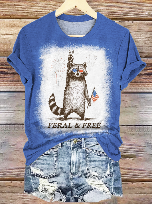 Red White And Feral Funny Raccoon Crew Neck T-shirt