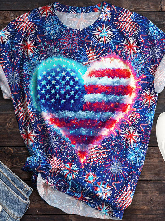 Flag Heart Printed Crew Neck T-shirt