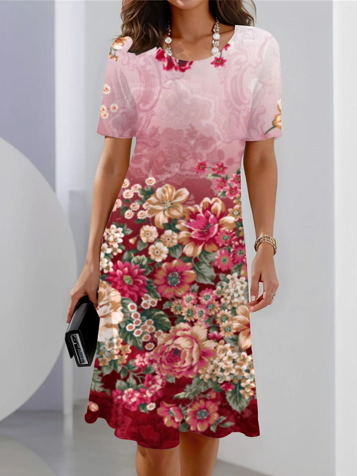 Pink Floral Printed Short Sleeve Crew Neck Dress