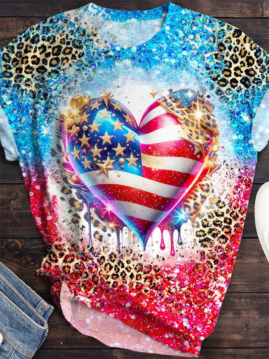 Vintage Independence Day Leopard Print Crew Neck T-shirt