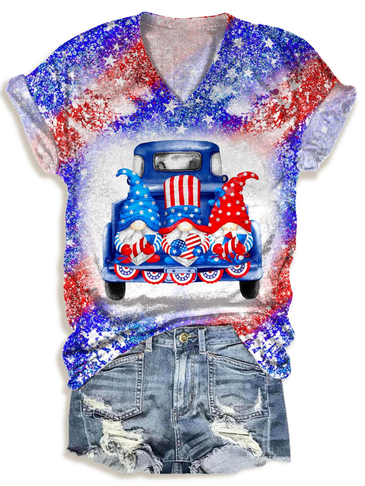 Independence Day Gnome Sequin Print V-neck T-Shirt
