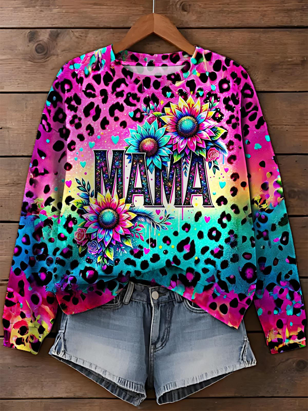 Leopard Hippie Mother's Day Printed Long Sleeve Casual Top
