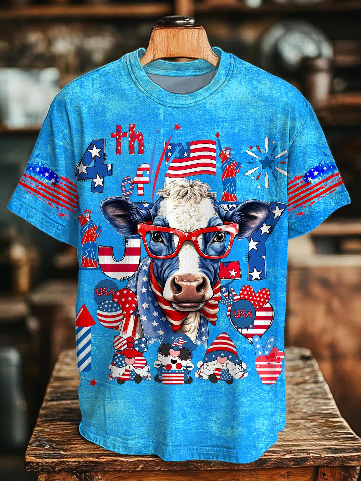 Vintage Independence Day Flag Cow Crew Neck T-shirt