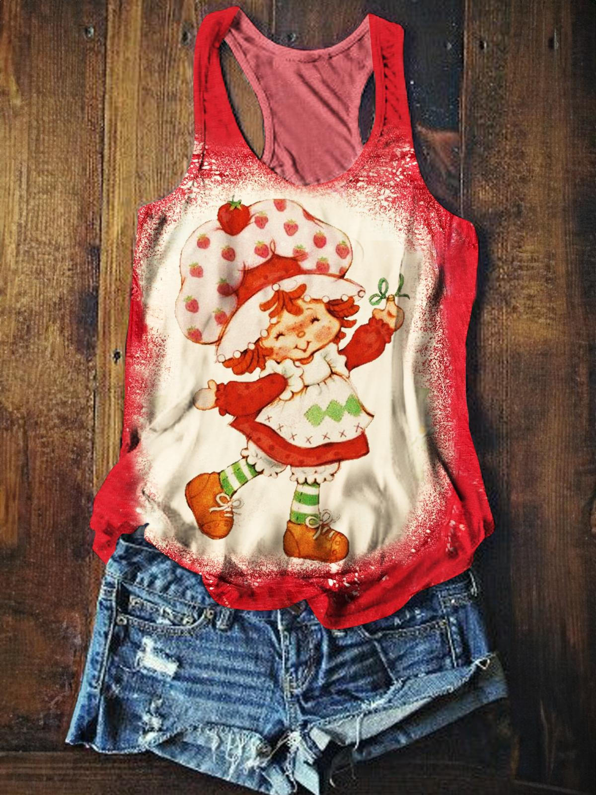 Strawberry Shortcake Print Crew Neck Tank Top