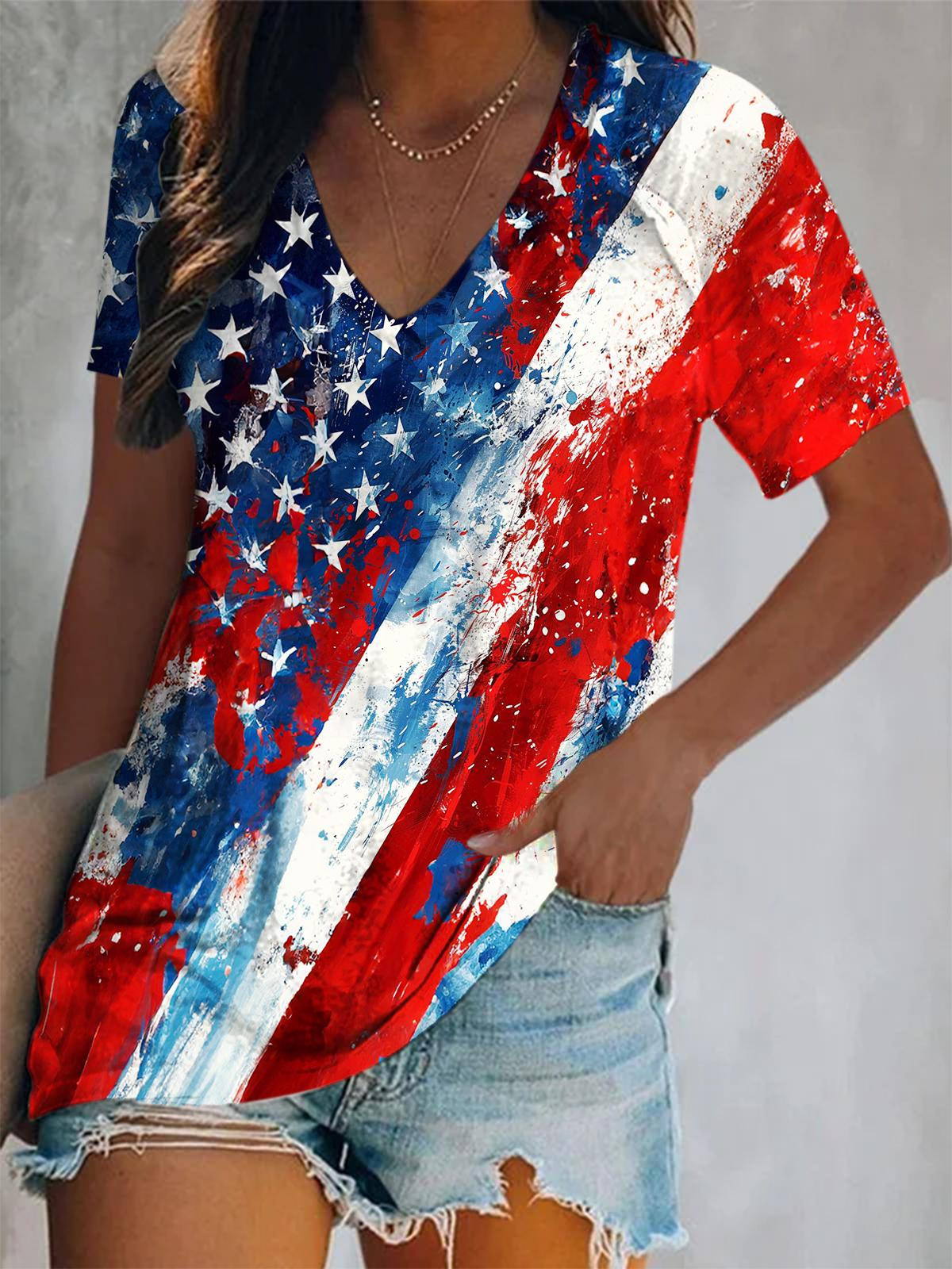 Vintage Flag Independence Day Short Sleeve V Neck Print Top