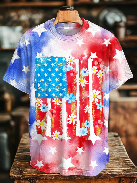 Flower Brushstroke America Flag Crew Neck T-shirt