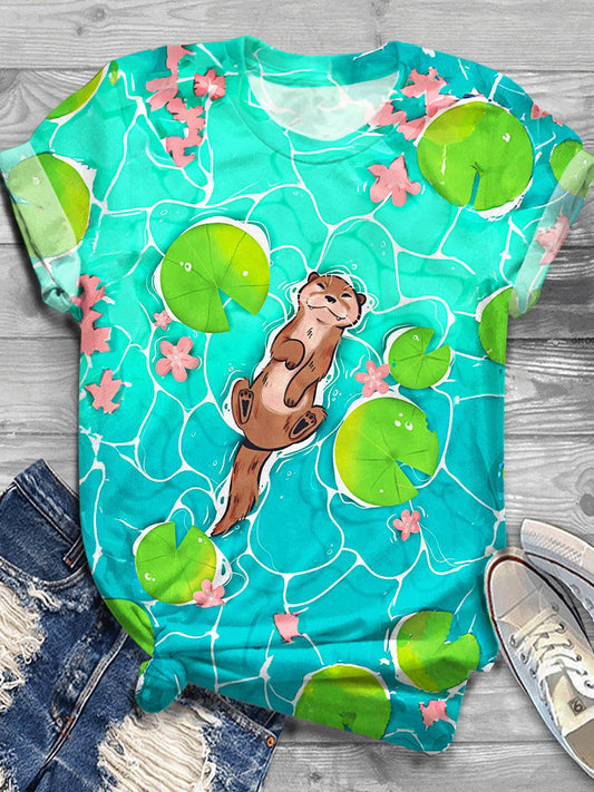 Cute Otter Printed Crew Neck T-shirt