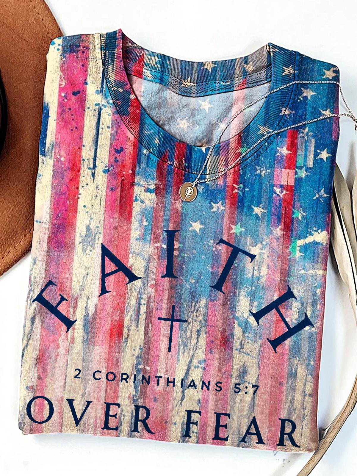 Jesus Faith Conquers Fear Printed Crew Neck T-shirt