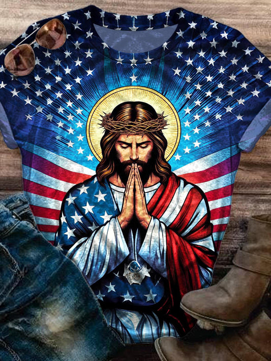 Vintage Independence Day Jesus Printed Crew Neck T-shirt