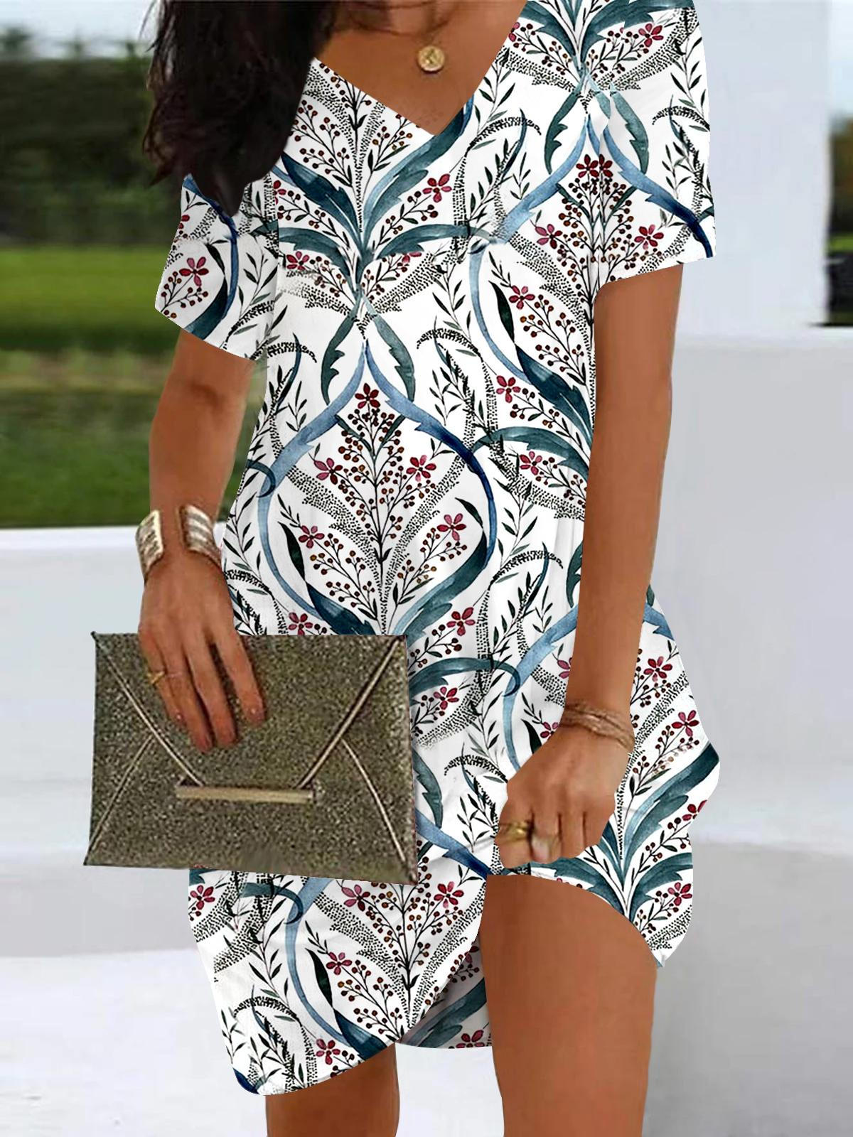 Floral V Neck Short Sleeve Dress