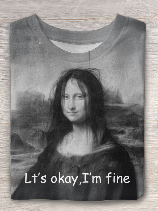 Funny Mona Lisa Print Crew Neck T-shirt