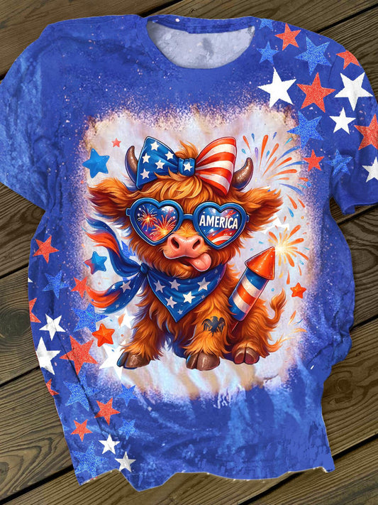 Vintage Independence Day Highland Cow Crew Neck T-shirt