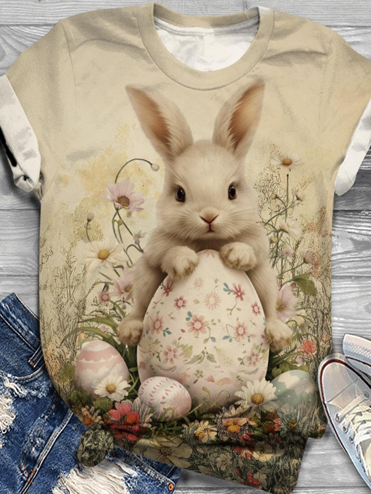 Ostern Vintage Hase Floral Rundhals T-shirt 