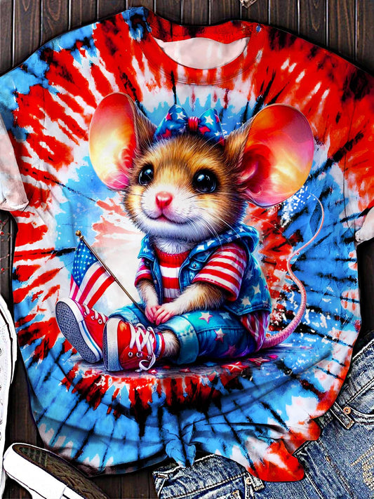 Independence Day Flag Cute Mouse Printed Crew Neck T-shirt