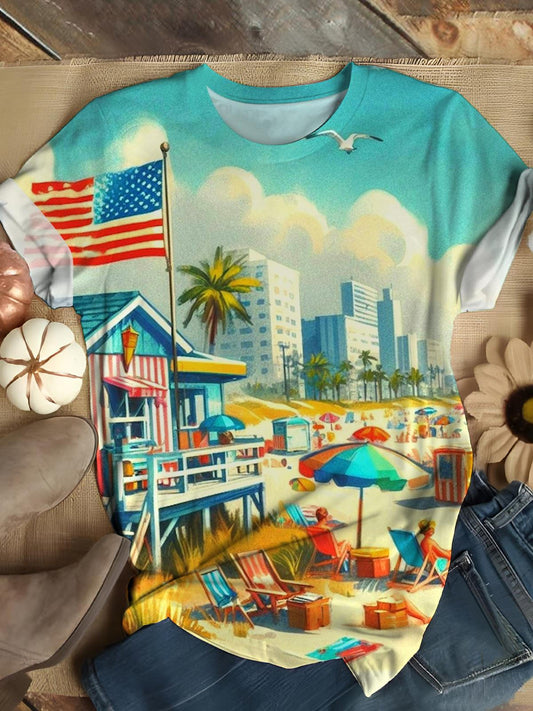 Independence Day Beach Vacation Crew Neck T-shirt