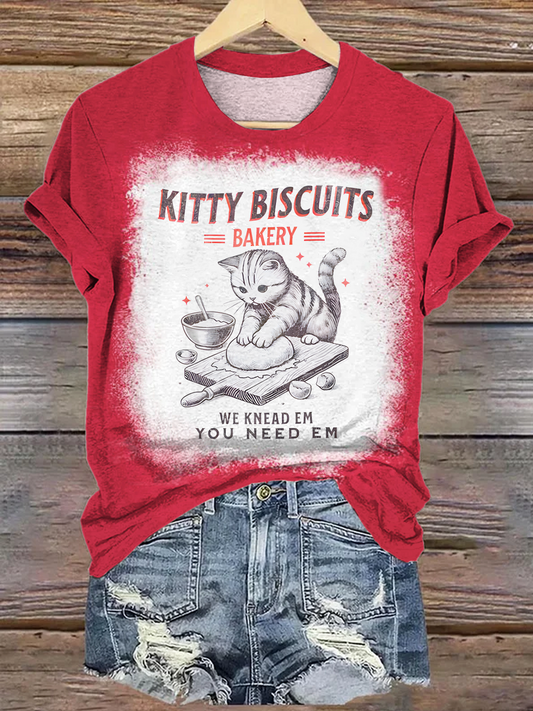 Kitty Biscuits Bakery Retro Style Crew Neck T-shirt