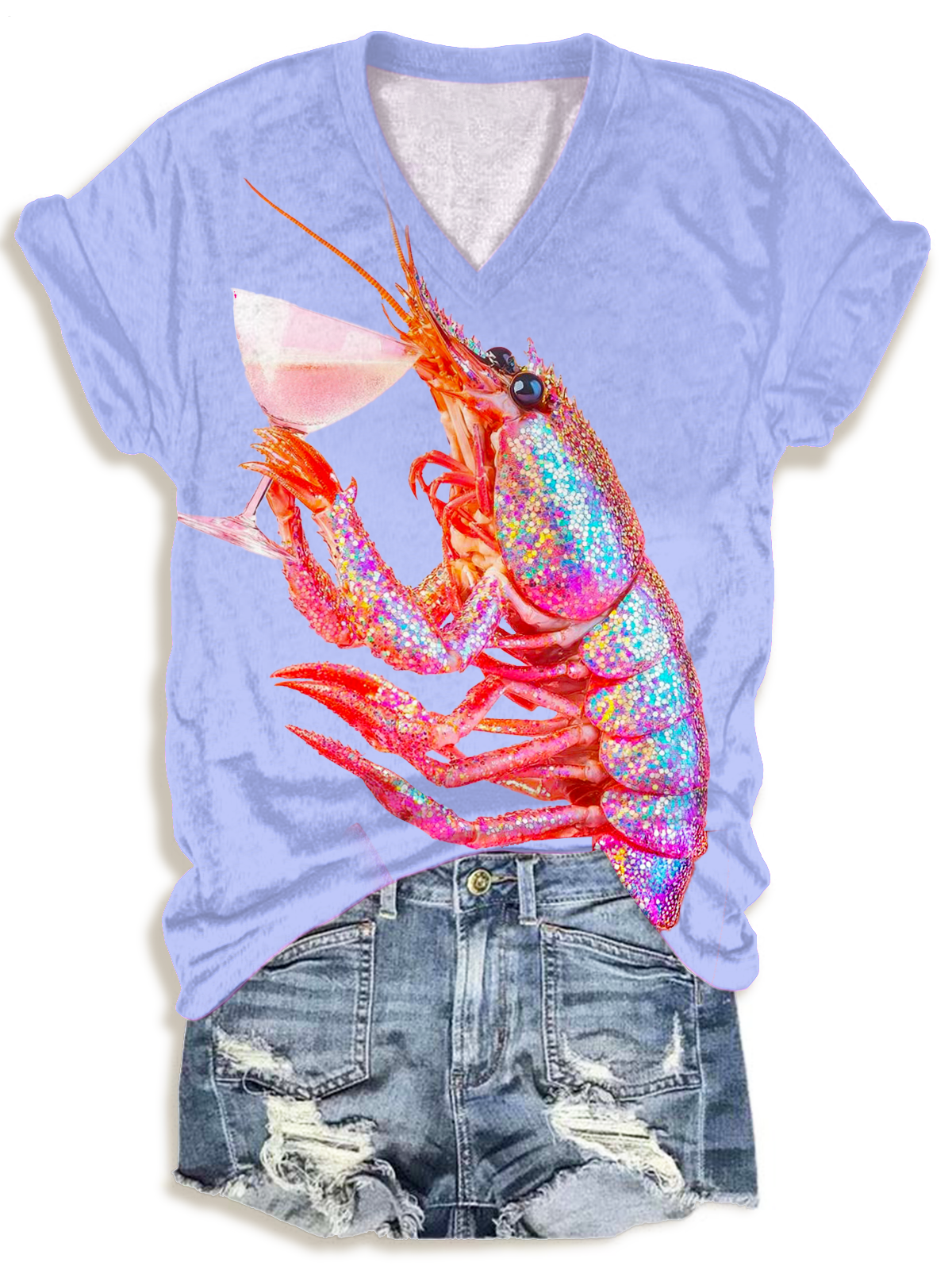 Disco Glitter Shrimp Holding Glass Art V-neck T-Shirt
