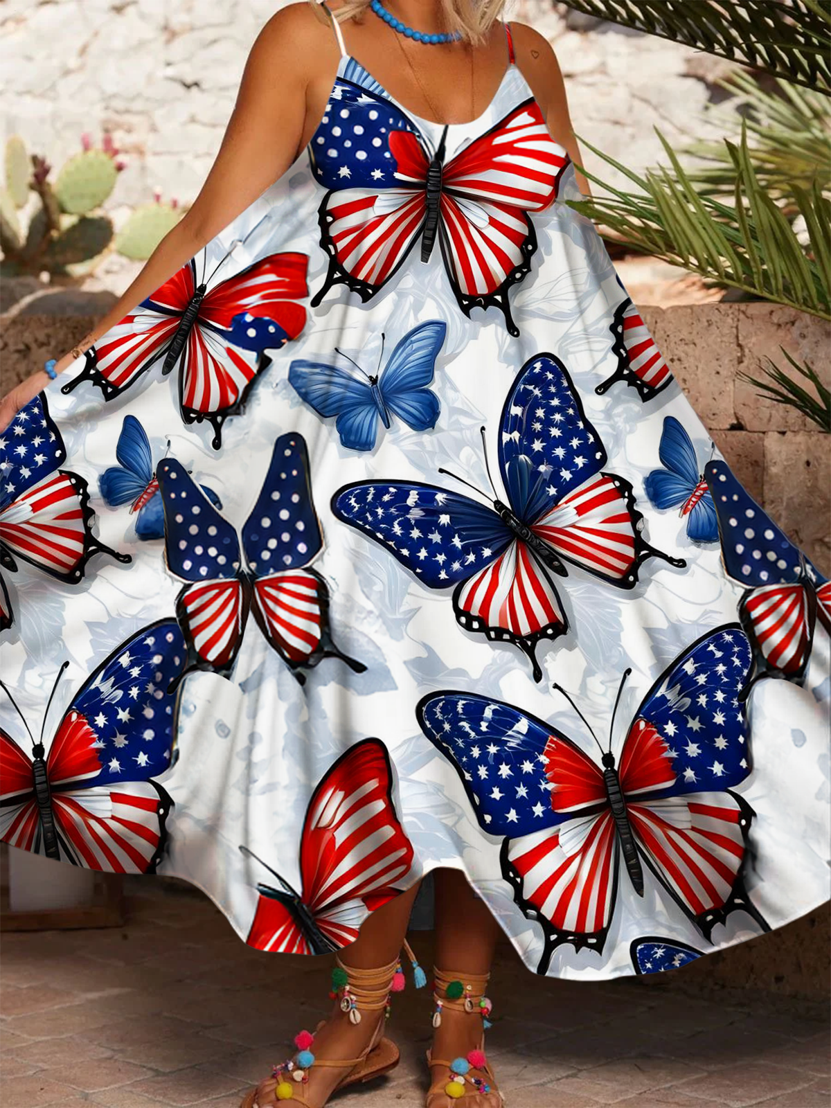 Independence Day Patriotic Butterflies Women's Printed Casual Spaghetti Strap Dress