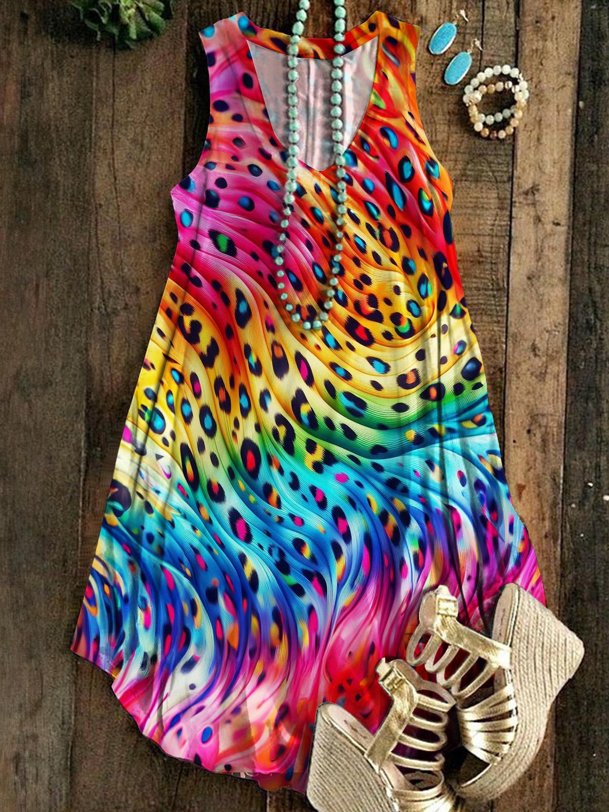 Leopard Rainbow Holiday Sleeveless V Neck Dress