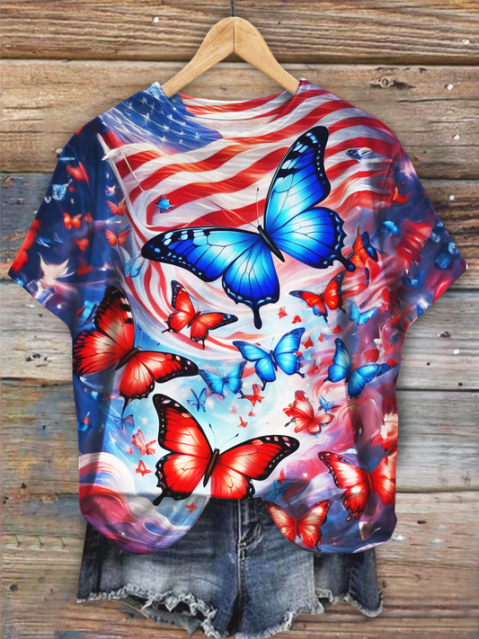 Independence Day Glitter American Flag Butterfly Art Crew Neck T-shirt