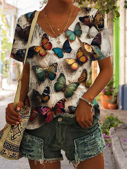 Retro Newspaper Butterfly V-neck T-Shirt