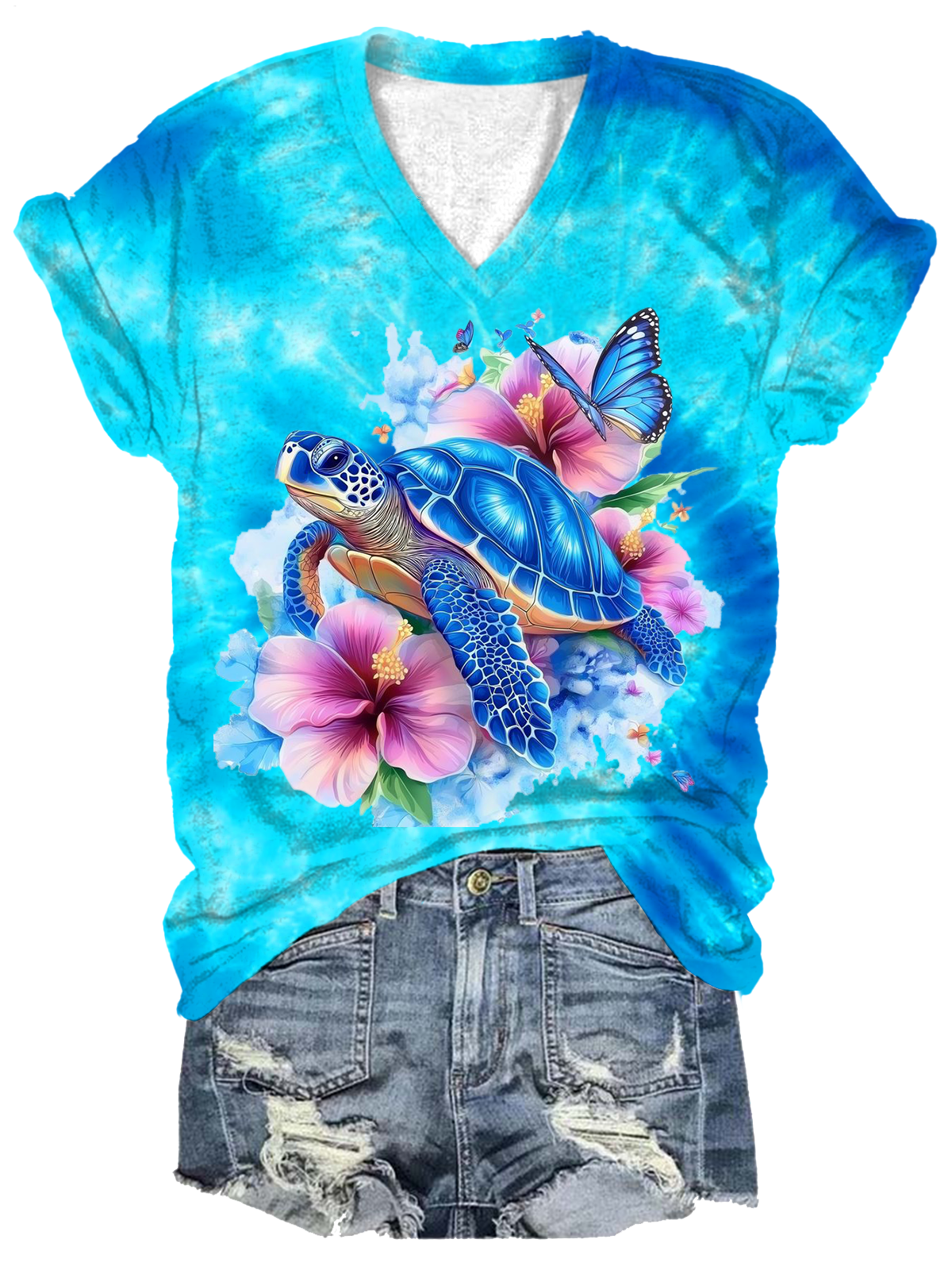 Tie-Dye Turtle Floral Print V-neck T-Shirt