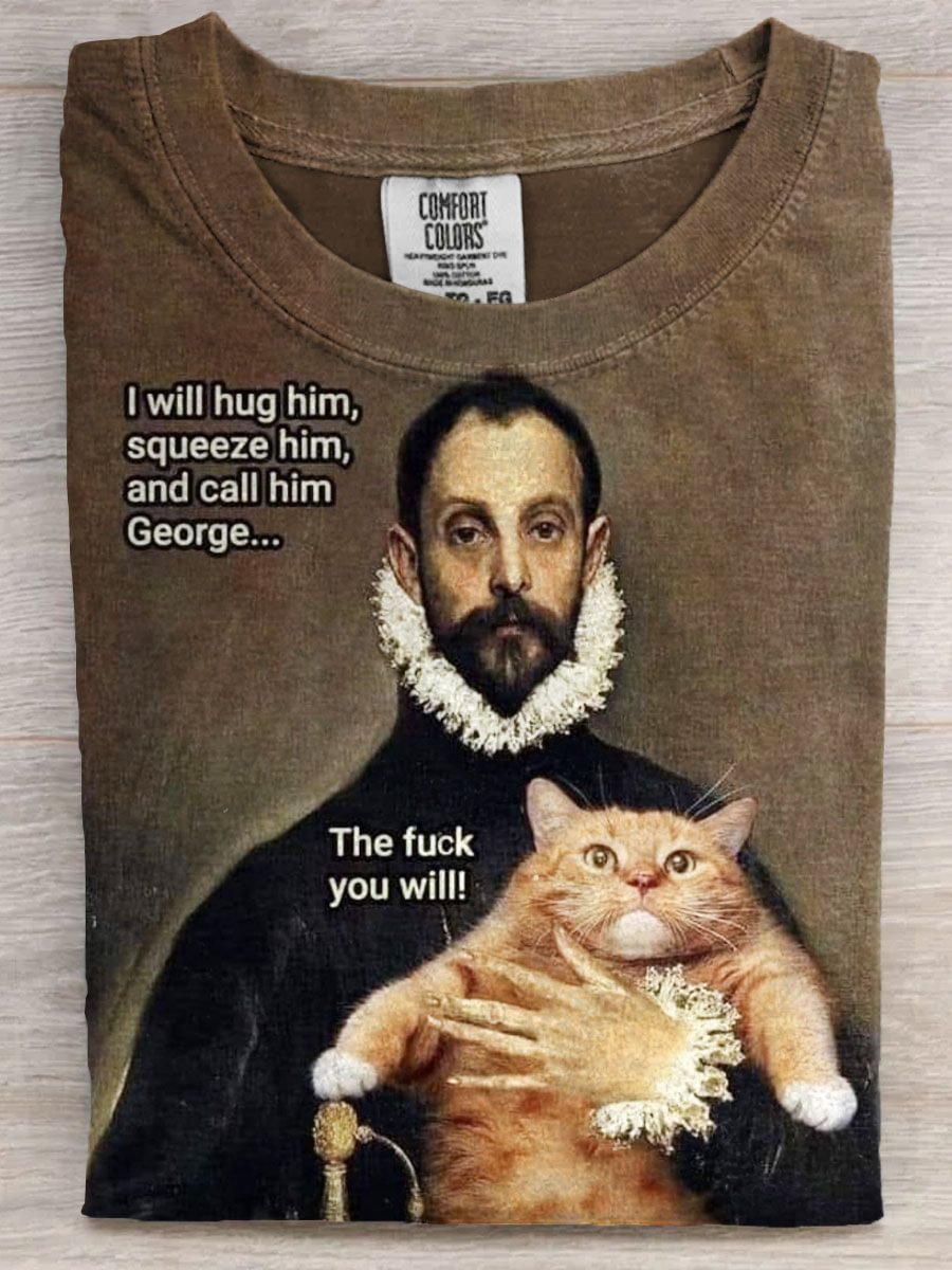 Vintage Funny Cat Art Print Casaul Short Sleeve T-shirt